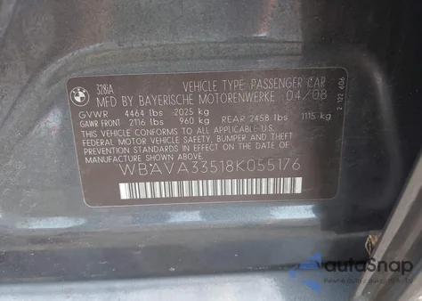 2008 BMW 328I I from USA, damaged, VIN WBAVA33518K055176